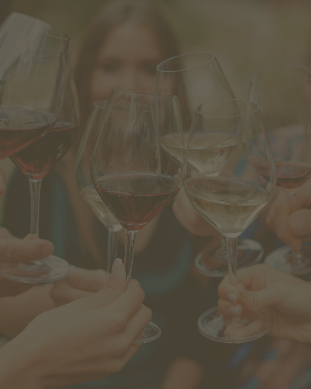 Close-up of guests toasting with red and white wine glasses at an outdoor event.