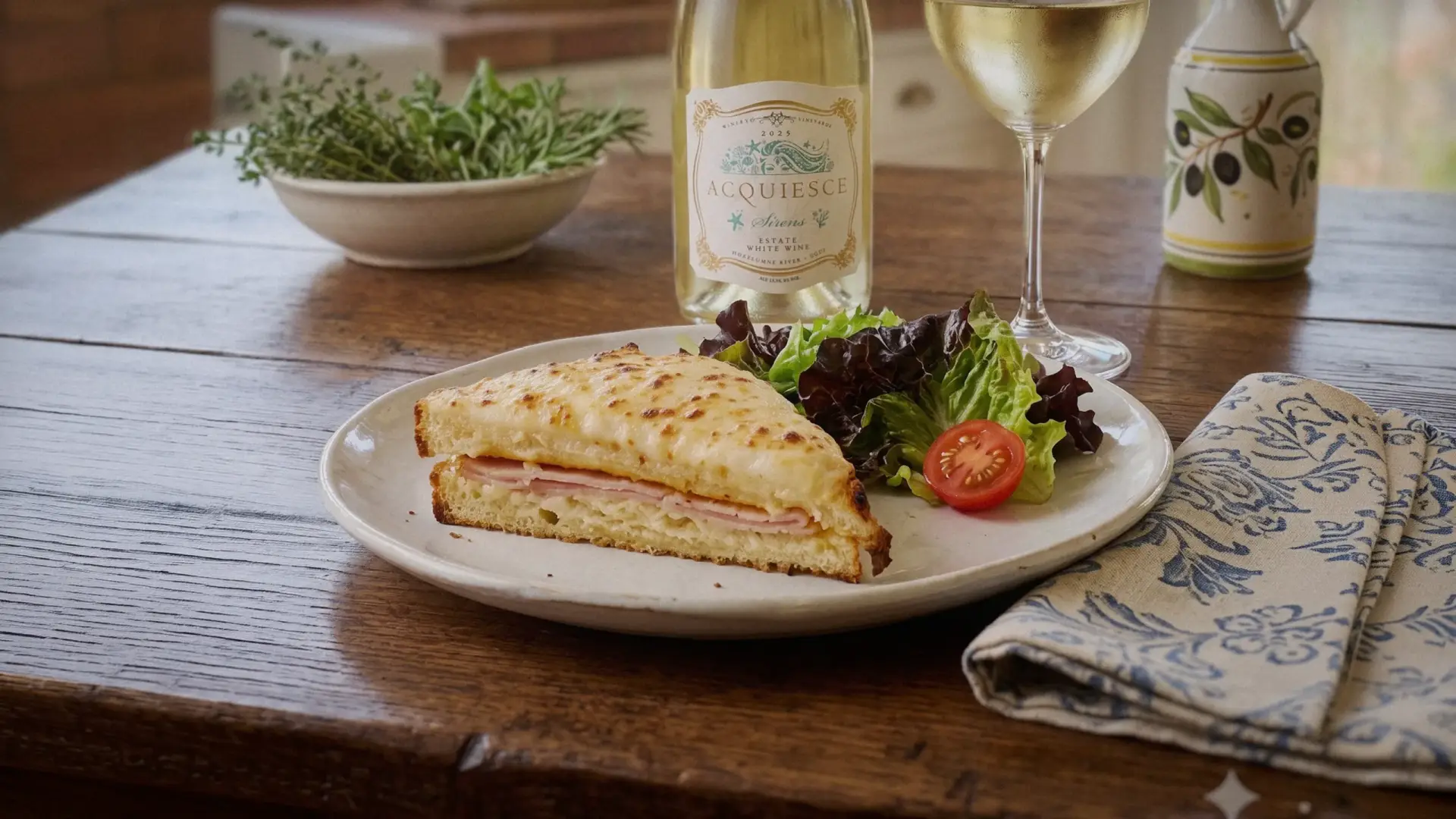 croque monsieur plated with a salad of greens and tomato, with a bottle of white Rhône white wine, glass of wine, on a rustic wooden table.