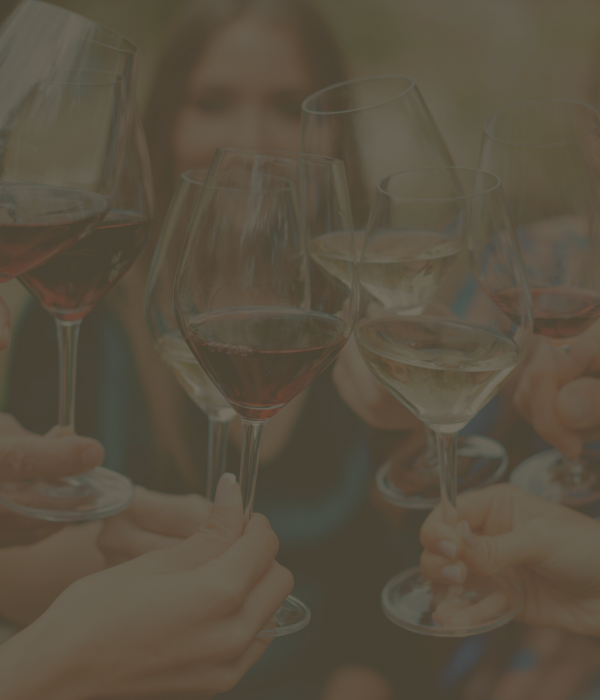 Close-up of guests toasting with red and white wine glasses at an outdoor event.